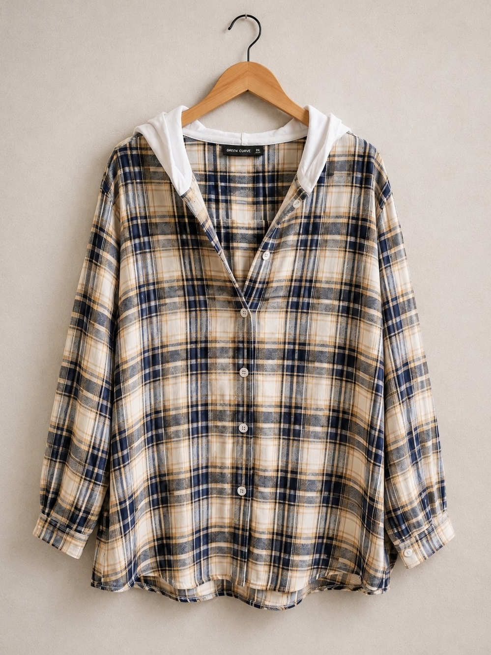 SHEIN Curve 2X Cream Navy Plaid Hooded Button Front Overshirt Shacket Plus Size